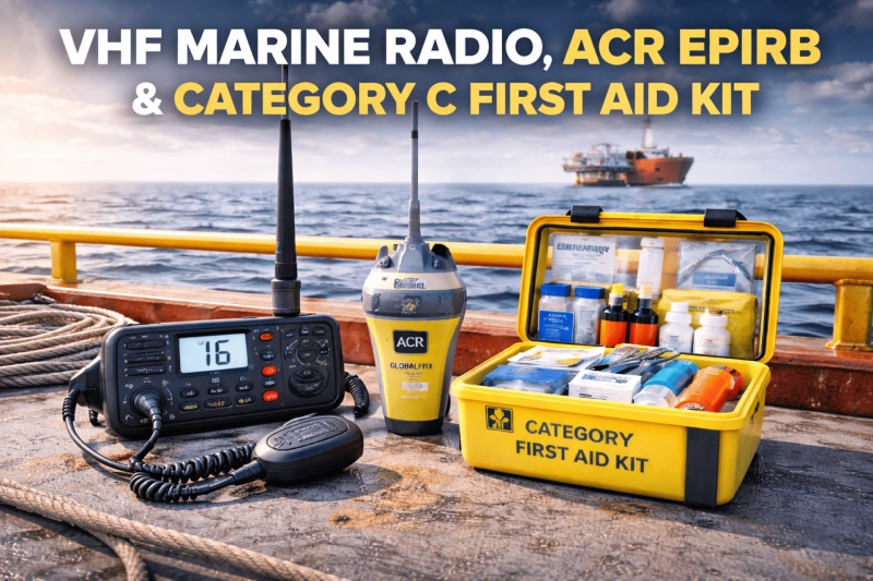 Essential Marine Safety Equipment: VHF Marine Radio, ACR EPIRB & Category C First Aid Kit