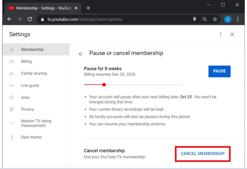 Cancel YouTube TV Subscription