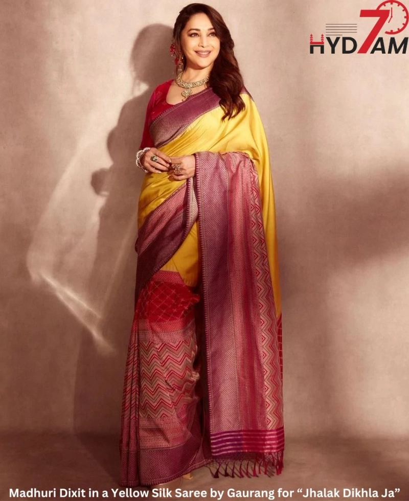 Madhuri Dixit in a Yellow Silk Saree by Gaurang for “Jhalak Dikhla Ja”