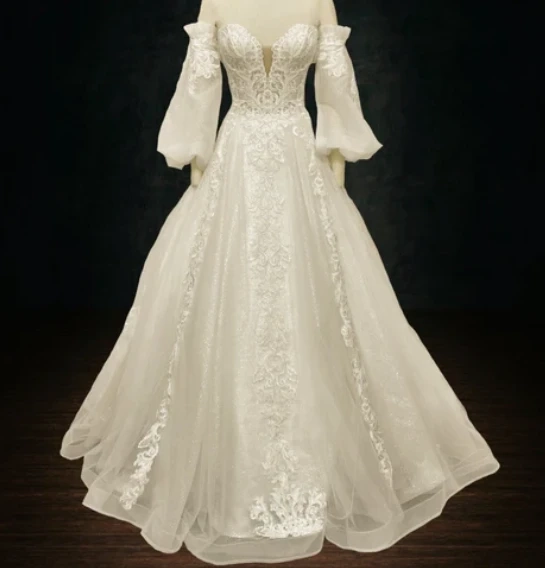 Crepe skirt and lace train dress