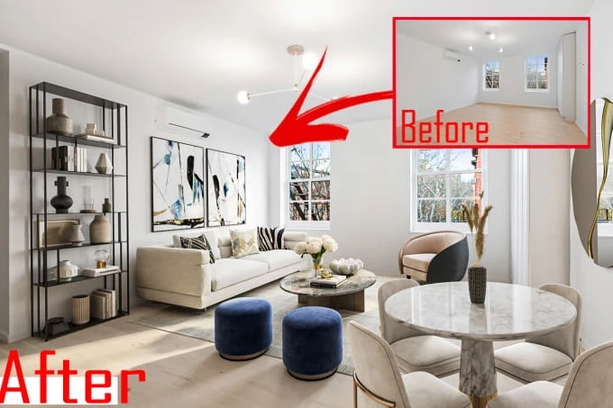 I will do virtual staging, add furniture to your home