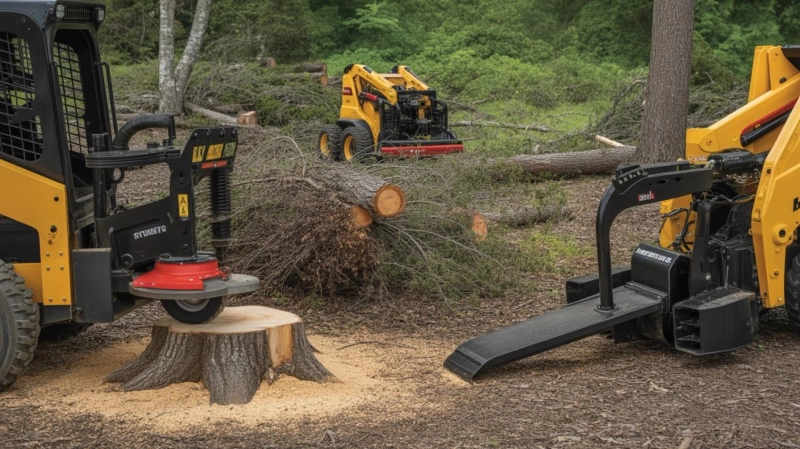 How do skid steer attachments impact daily productivity in forestry and land-clearing jobs?