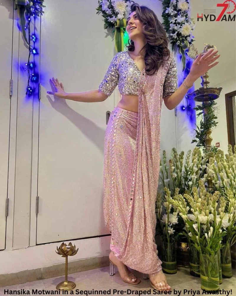 Hansika Motwani in a Sequinned Pre-Draped Saree by Priya Awasthy!