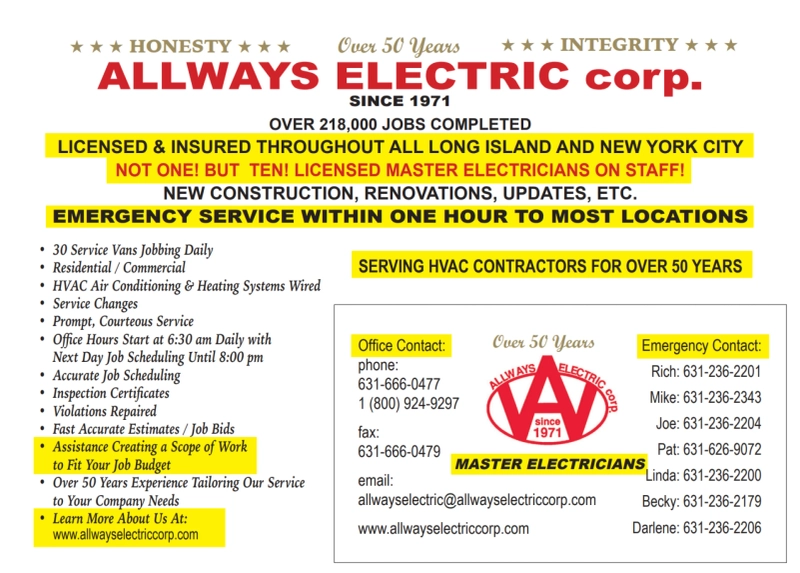 Always Electric Corp. delivers 24-hour emergency electrical services in Long Island