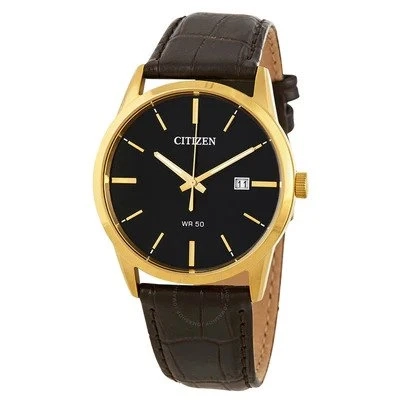 Citizen Quartz Men's Gold Stainless Steel Case Brown Leather Band Black Dial Round Watch
