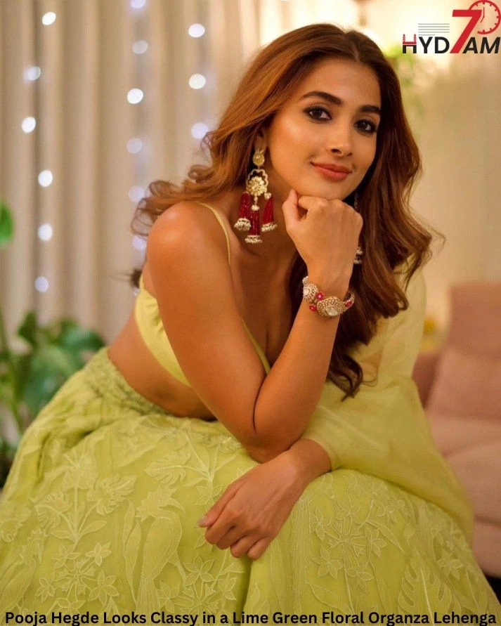 Pooja Hegde Looks Classy in a Lime Green Floral Organza Lehenga
