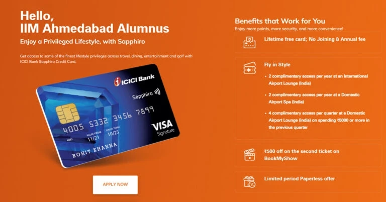 Under the Alumni Programme, receive a lifetime free ICICI Bank Sapphiro credit card