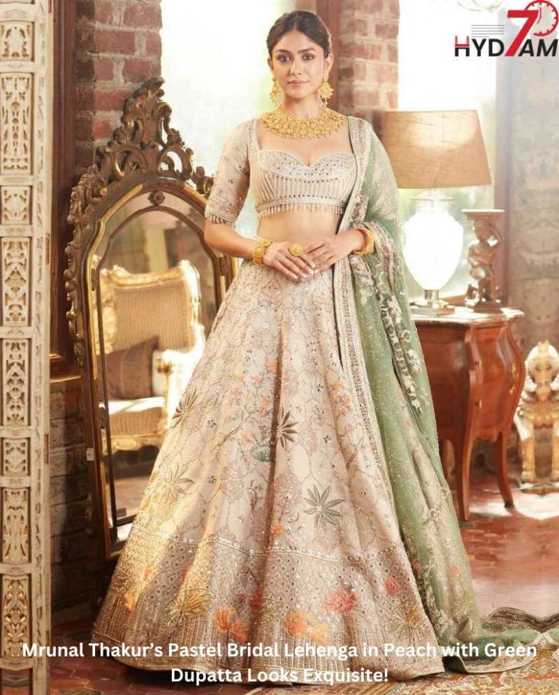 Mrunal Thakur’s Pastel Bridal Lehenga in Peach with Green Dupatta Looks Exquisite!