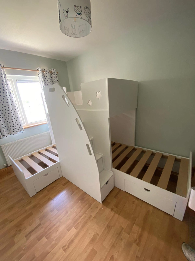 L shaped bunk beds are twin over full-size beds